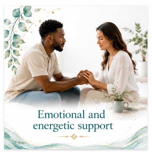 Emotional and energetic support image for Twillow Lifestyle Community featuring two people in a supportive healing conversation with teal botanicals, gold accents, and a bright white background.
