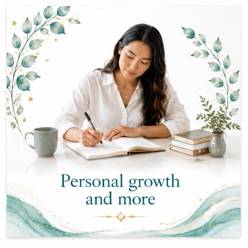 Personal growth image for Twillow Lifestyle Community featuring a person journaling in a calm spiritual wellness space with books, tea, teal botanicals, gold accents, and a bright white background.