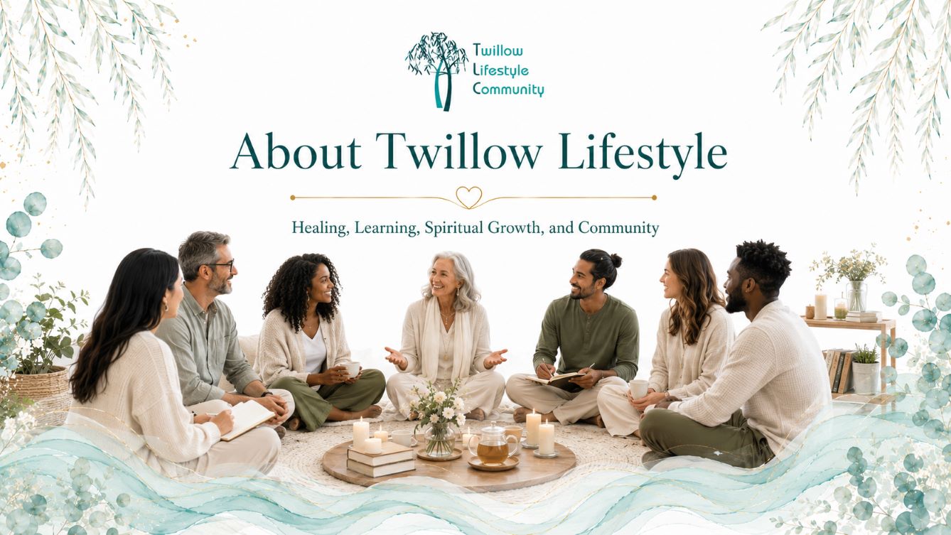 About Twillow Lifestyle Community cover image with a diverse group gathered in a supportive healing and spiritual growth circle.