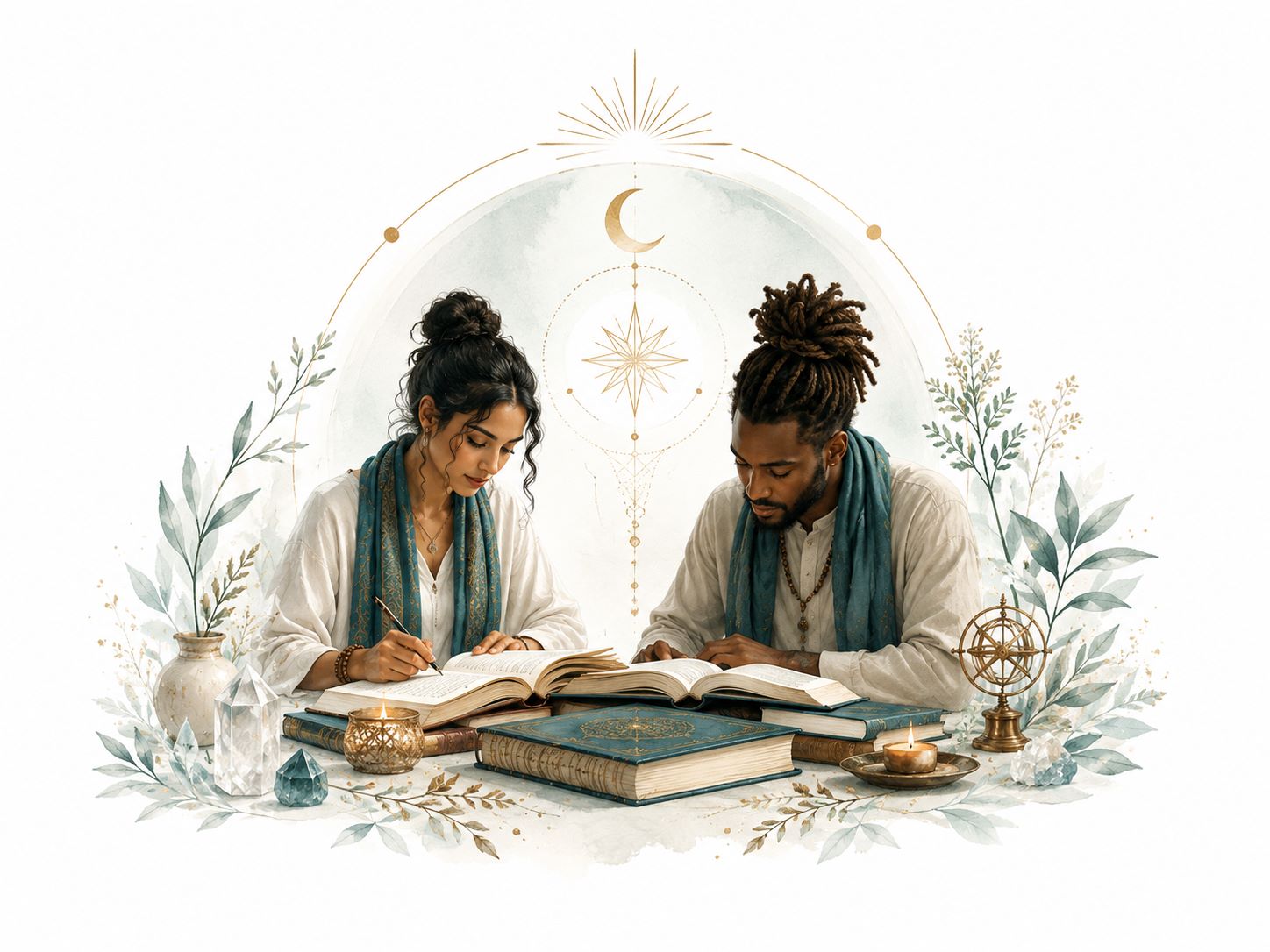 Advanced Studies card image for Twillow Lifestyle Academy featuring students studying together in a quiet spiritual learning setting with teal and gold accents.