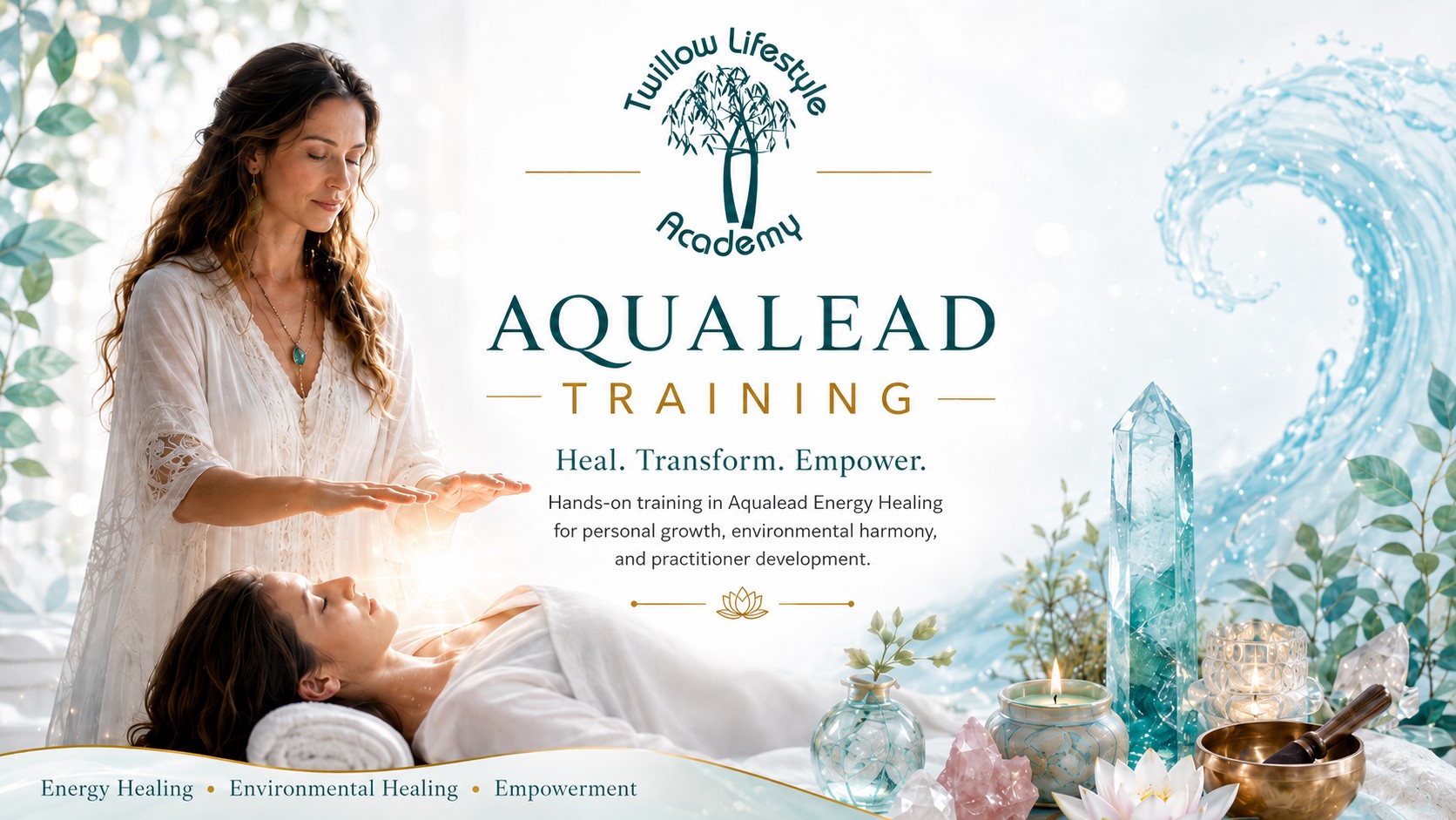 Aqualead Training cover image for Twillow Lifestyle Academy featuring a practitioner offering energy healing beside flowing water, crystals, candles, teal botanicals, gold accents, and a bright white background.