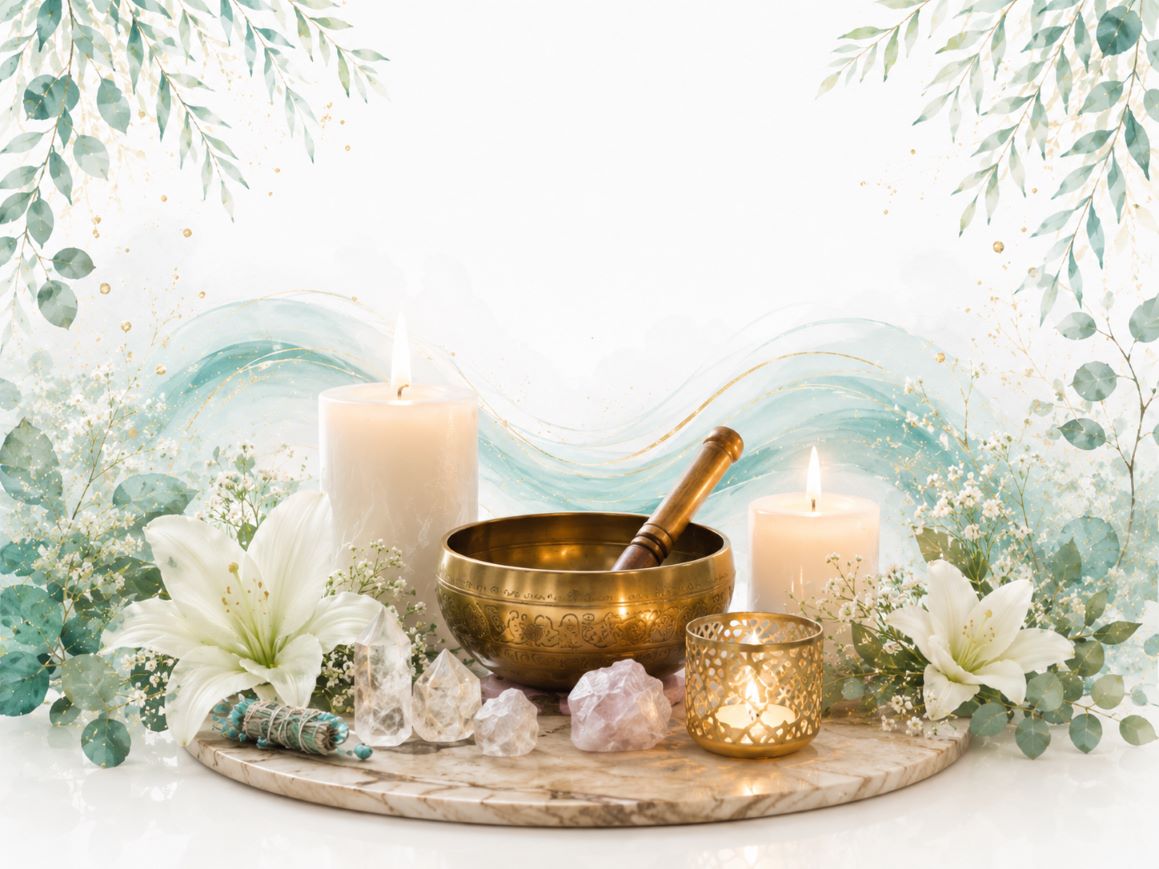 Ceremonial and soul support image with singing bowl, candles, crystals, white flowers, and soft teal and gold accents on a white background.