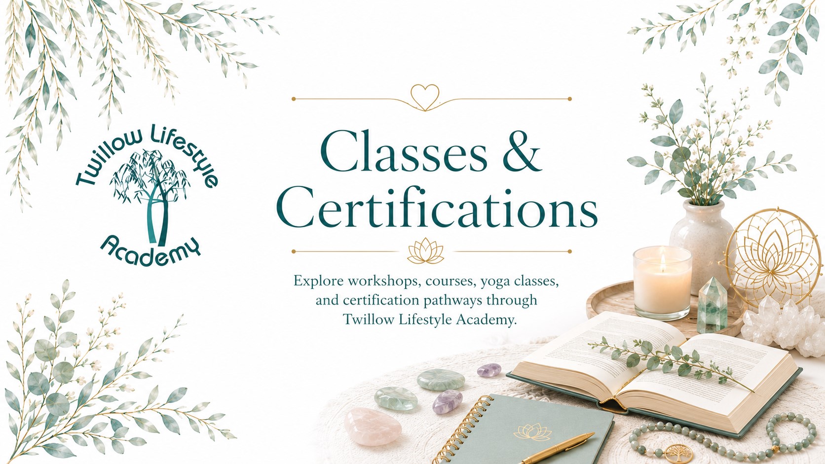 Classes and Certifications page cover image for Twillow Lifestyle Academy featuring an open book, candle, crystals, teal botanical accents, gold details, and a peaceful white background.