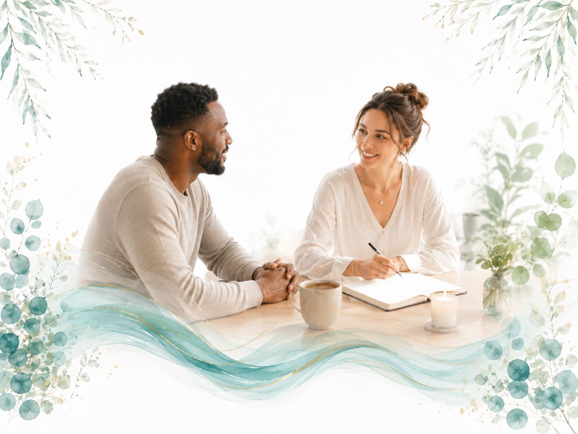 Coaching and personal growth image for Twillow Lifestyle Community featuring two people in a supportive one-to-one conversation at a table, with a notebook, soft teal waves, and botanical accents on a white background.