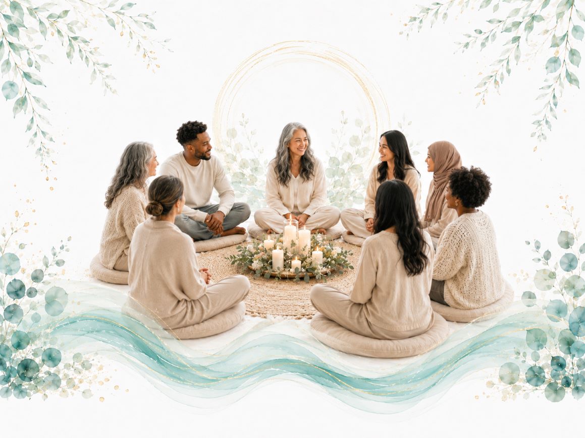 Community Gatherings image for Twillow Lifestyle Community featuring a diverse group seated in a peaceful circle with candles, soft teal waves, botanicals, and a white background.