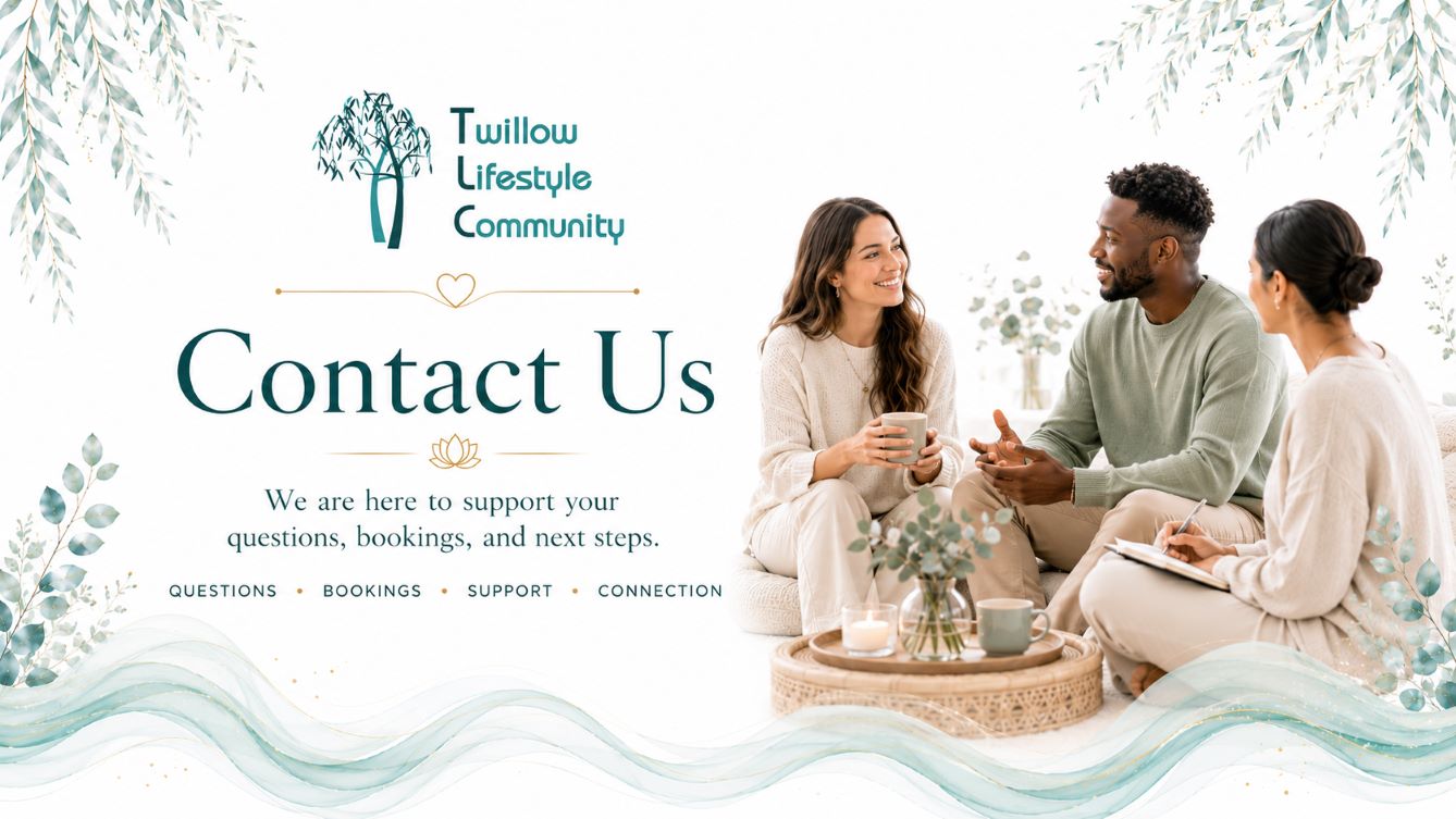 Contact Us page cover image for Twillow Lifestyle Community featuring a diverse group in a bright white, teal, and gold setting.