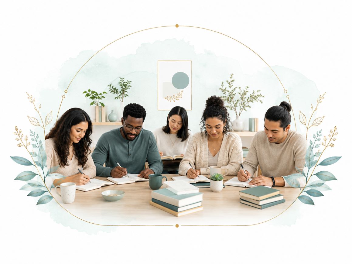 Courses card image for Twillow Lifestyle Academy featuring students gathered with books and learning materials in a calm white, teal, and gold setting.