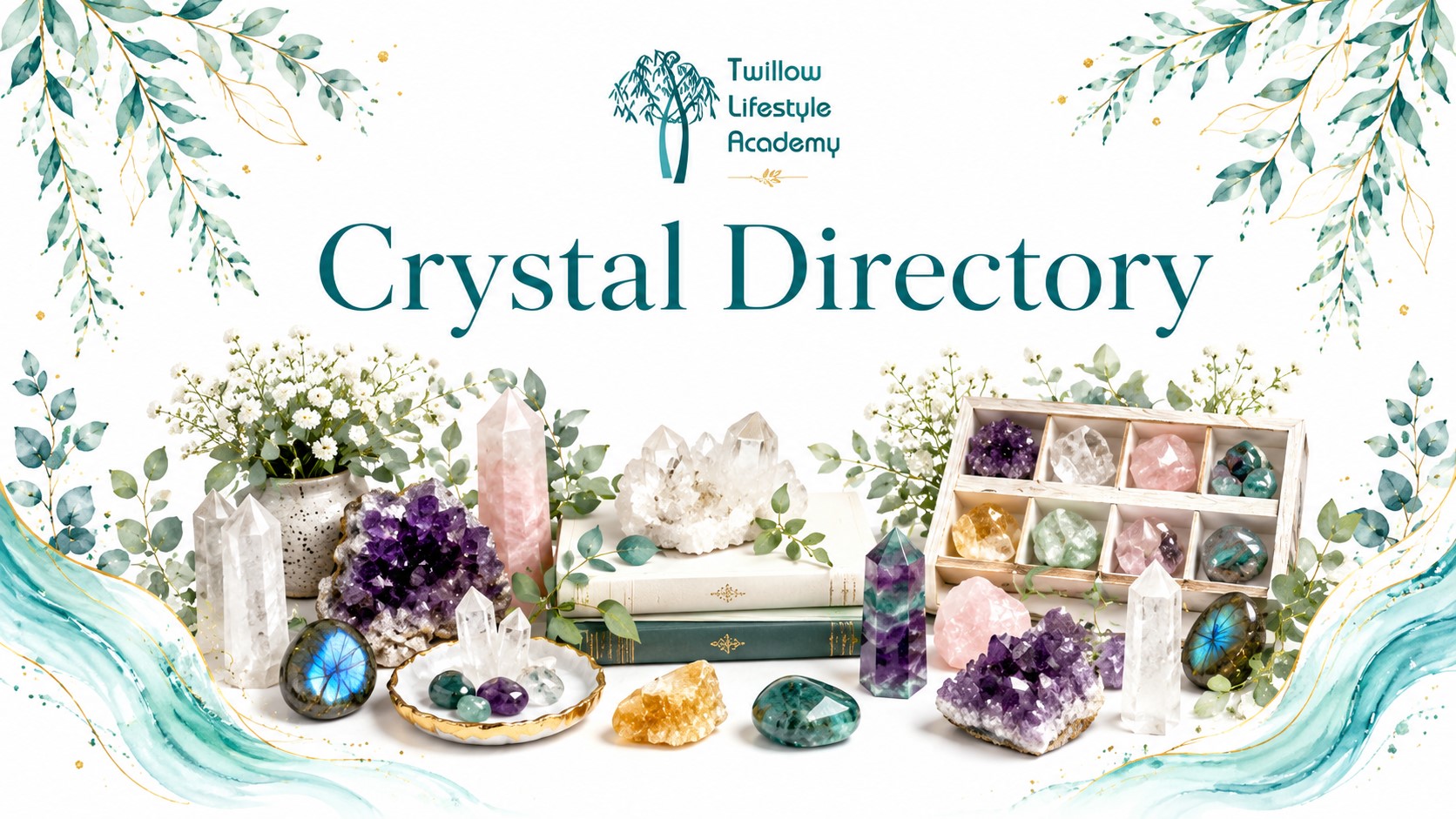 Crystal Directory page image for Twillow Lifestyle Community featuring crystals, crystal reference cards, books, soft teal botanicals, gold accents, and a bright white background.