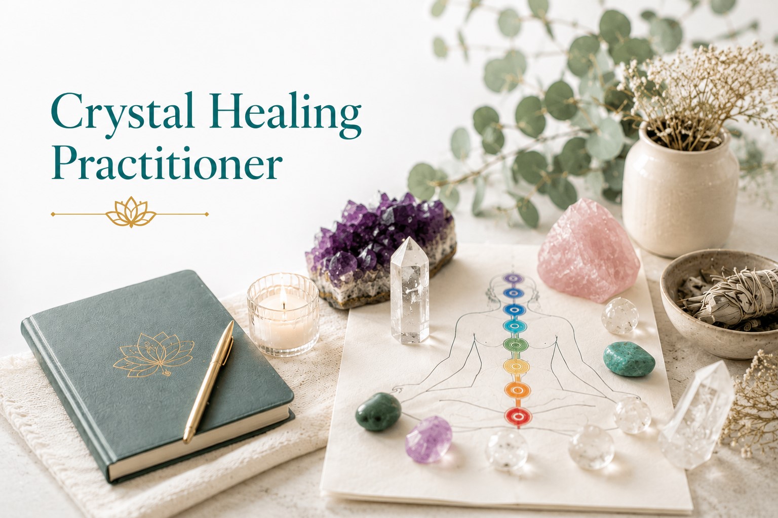 Crystal Healing Practitioner training image with crystals, chakra chart, candle, journal, and natural botanical accents