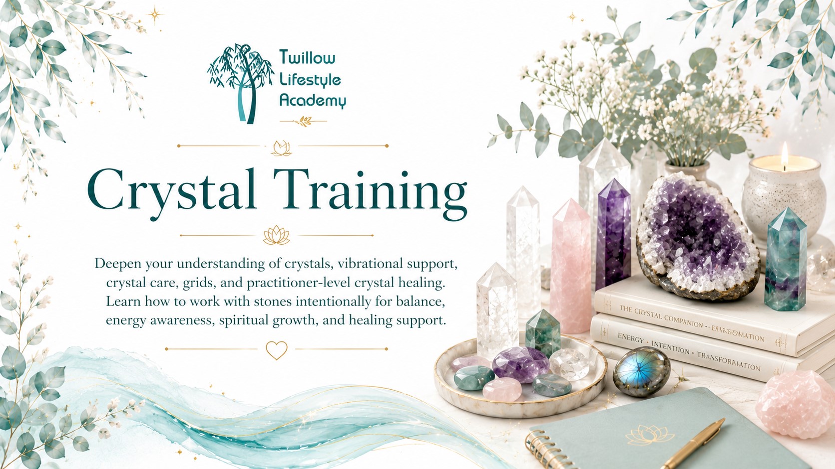 Crystal Training cover image for Twillow Lifestyle Academy featuring crystals, an open book, candles, teal botanicals, gold accents, and a bright white background.