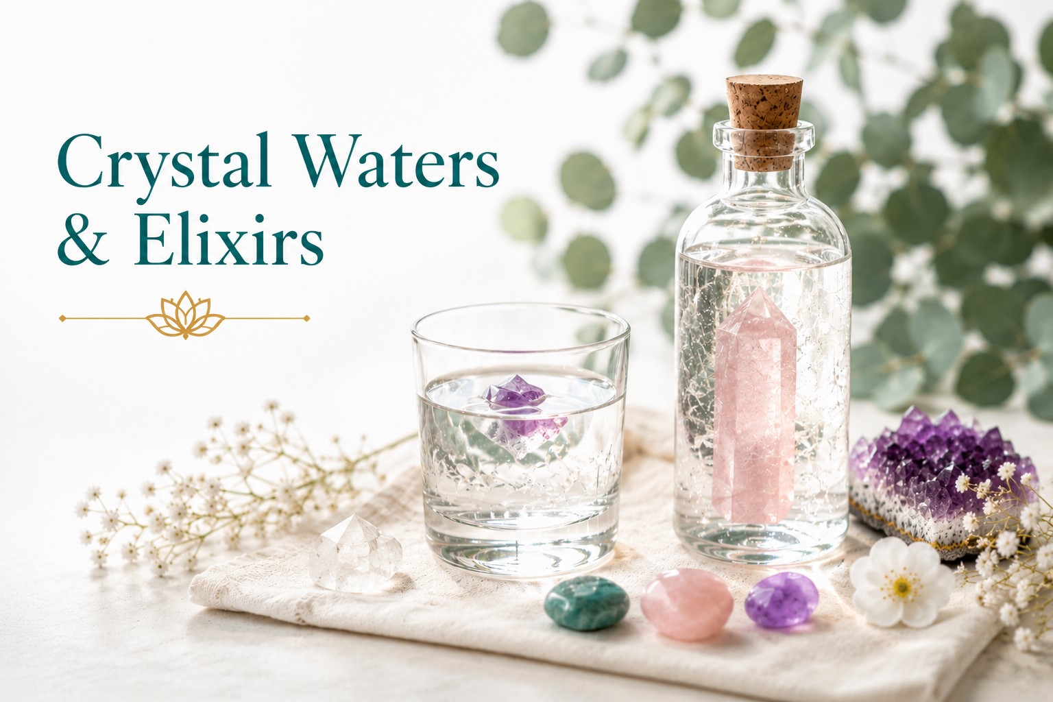 Crystal Waters and Elixirs image for Twillow Lifestyle Academy featuring a glass of water, crystal infusion bottle, crystals, flowers, botanicals, and a bright white background.