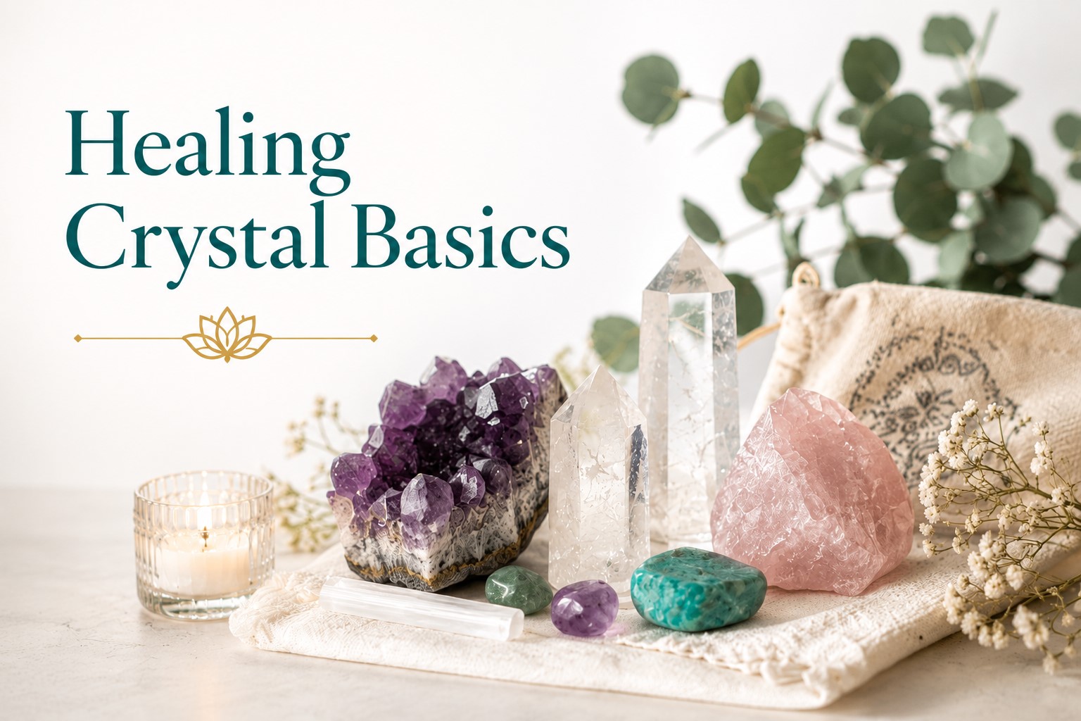 Healing Crystal Basics image for Twillow Lifestyle Academy featuring amethyst, clear quartz, rose quartz, green stones, candles, botanicals, and a bright white background.