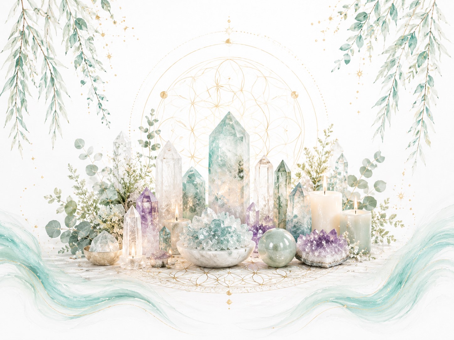 Crystal Training image for Twillow Lifestyle Academy featuring crystals, candles, teal botanical accents, gold details, and a peaceful white background.