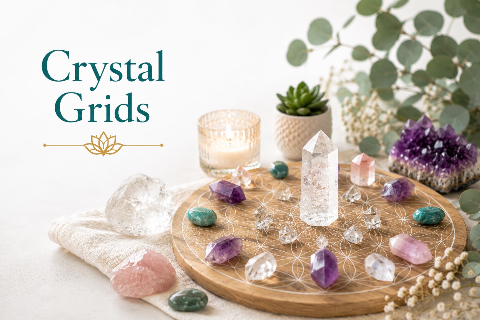 Crystal Grids image for Twillow Lifestyle Academy featuring crystals arranged on a sacred geometry grid with candles, botanicals, and a bright white background.