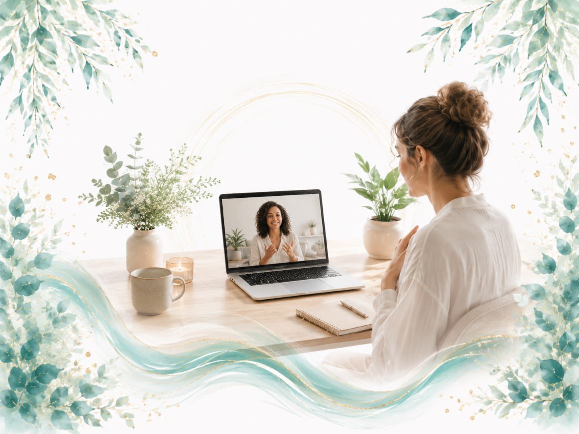 Discovery Call image for Twillow Lifestyle Community featuring an online one-to-one conversation with a practitioner, laptop, notebook, soft teal waves, and botanical accents on a white background.