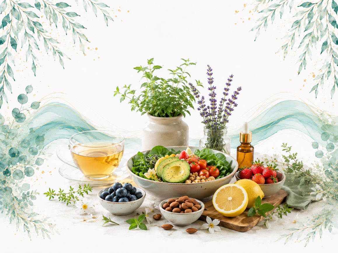 Holistic nutrition image for Twillow Lifestyle Community featuring fresh nourishing foods, herbal tea, fruit, herbs, and soft teal and gold accents on a white background.