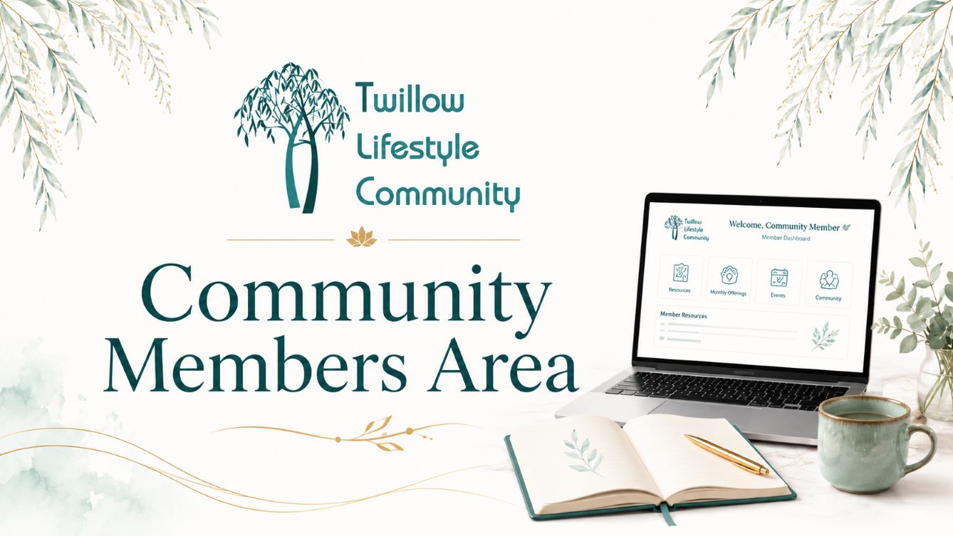 Twillow Lifestyle Community members area image with laptop, community resources, soft teal botanical accents, and peaceful digital membership design