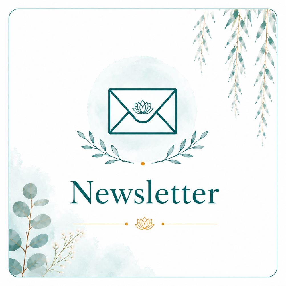 Twillow Lifestyle Community newsletter signup image with envelope icon, soft teal botanicals, and peaceful white background