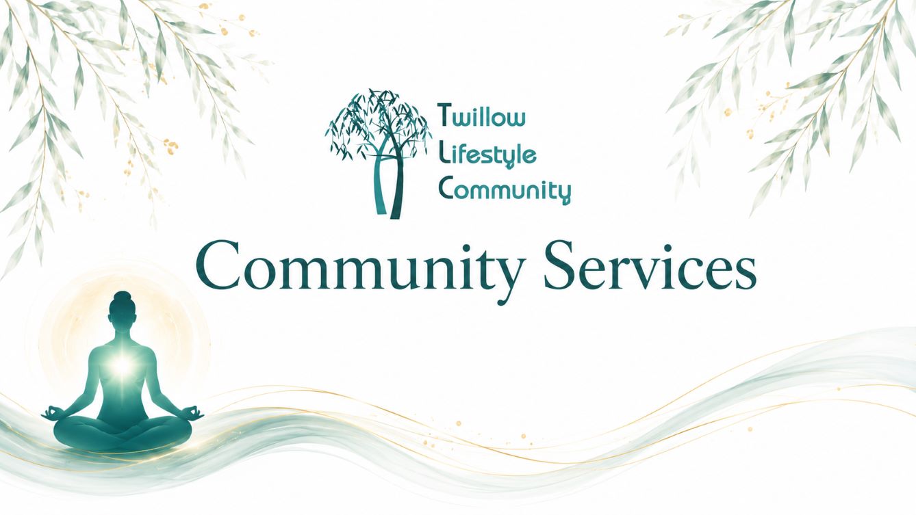 Twillow Lifestyle Community services image with meditation symbol, soft teal wave, botanical accents, and peaceful wellness design