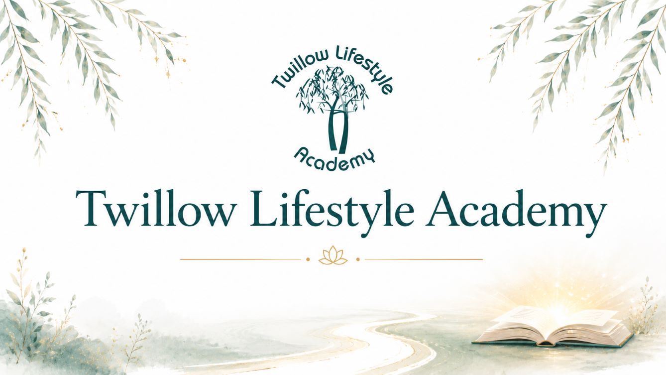 Twillow Lifestyle Academy homepage image with academy logo, soft botanical accents, open book, and peaceful learning pathway design
