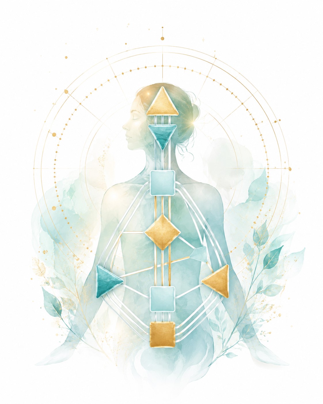 Human Design page image for Twillow Lifestyle Community featuring a Human Design-inspired chart, journal, crystals, tea, soft teal botanicals, gold accents, and a bright white background.