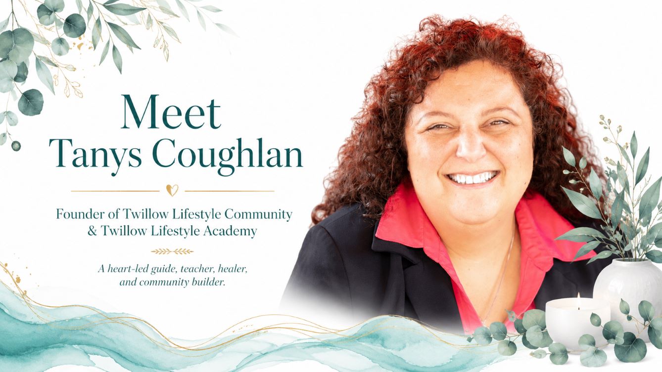 Meet Tanys Coughlan cover image featuring a smiling portrait of the founder of Twillow Lifestyle Community and Twillow Lifestyle Academy on a white background with teal and gold accents.