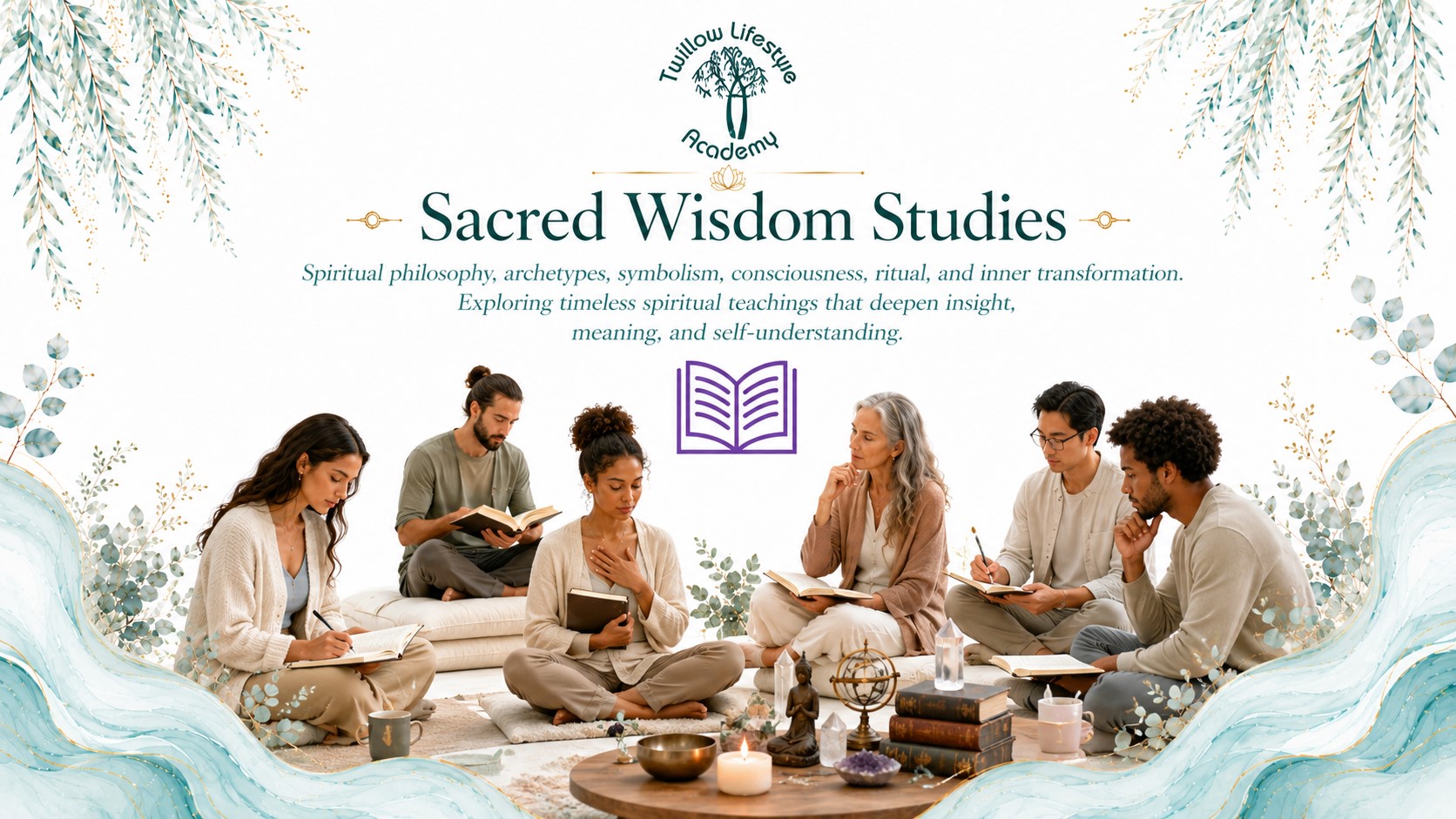 Sacred Wisdom Studies page image for Twillow Lifestyle Academy featuring a diverse group studying spiritual philosophy, symbolism, ritual, and inner wisdom with books, candles, crystals, teal botanicals, gold accents, and a bright white background.