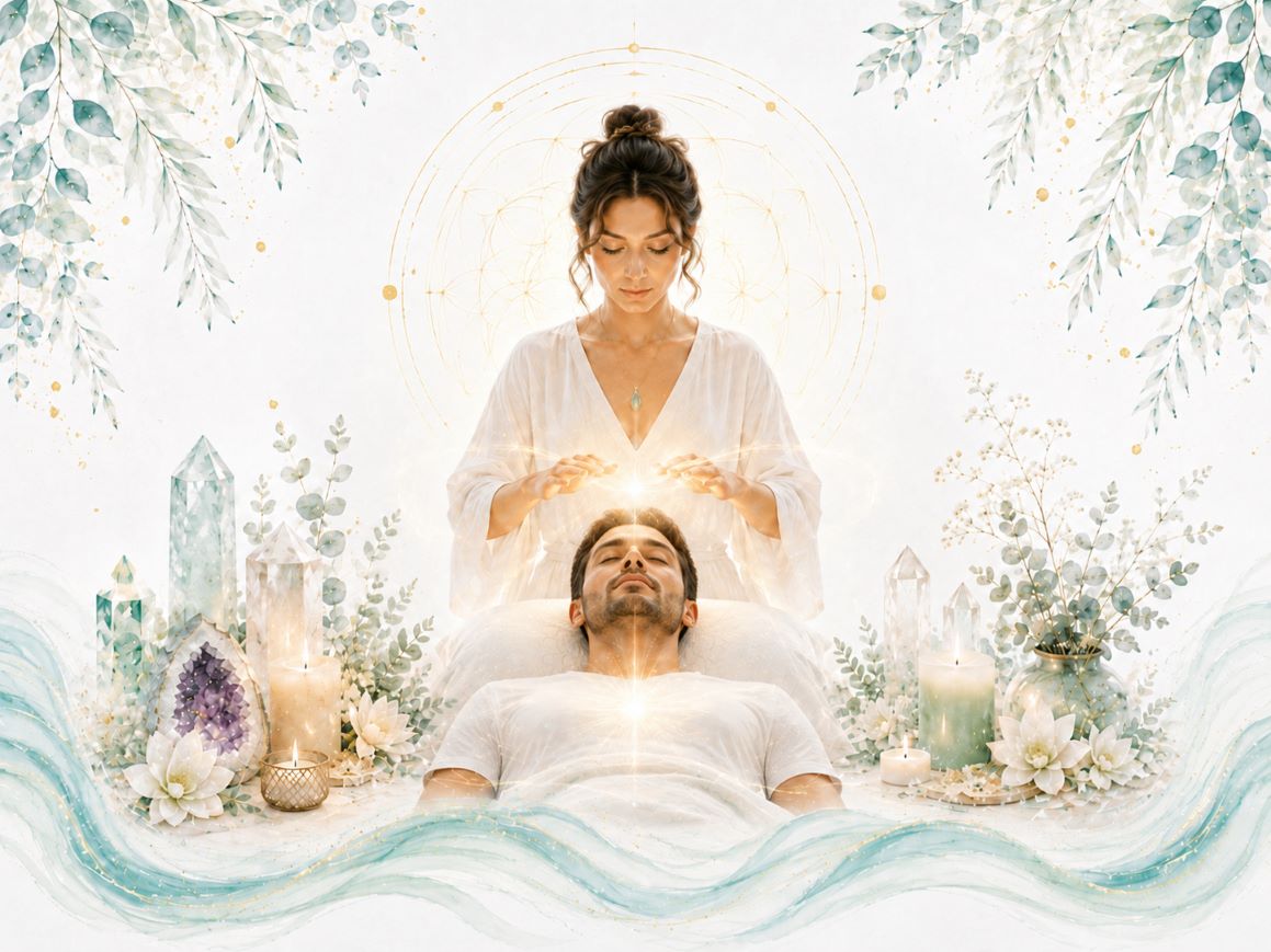 Energy healing session with a female practitioner offering Reiki to a male recipient in a serene white, teal, and gold setting.