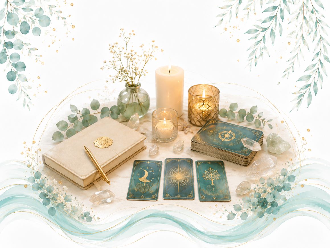 Spiritual guidance and intuitive readings image with cards, candles, books, and soft teal and gold accents on a white background.