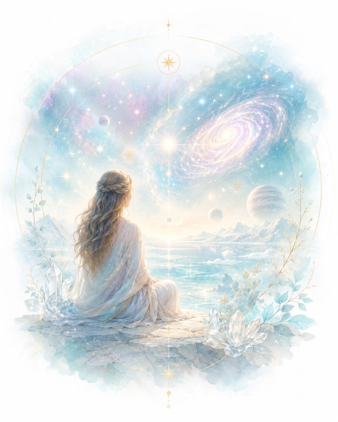 Starseed Report page image for Twillow Lifestyle Community featuring a peaceful cosmic-inspired reading space with stars, journal, cards, crystals, soft teal botanicals, gold accents, and a bright white background.