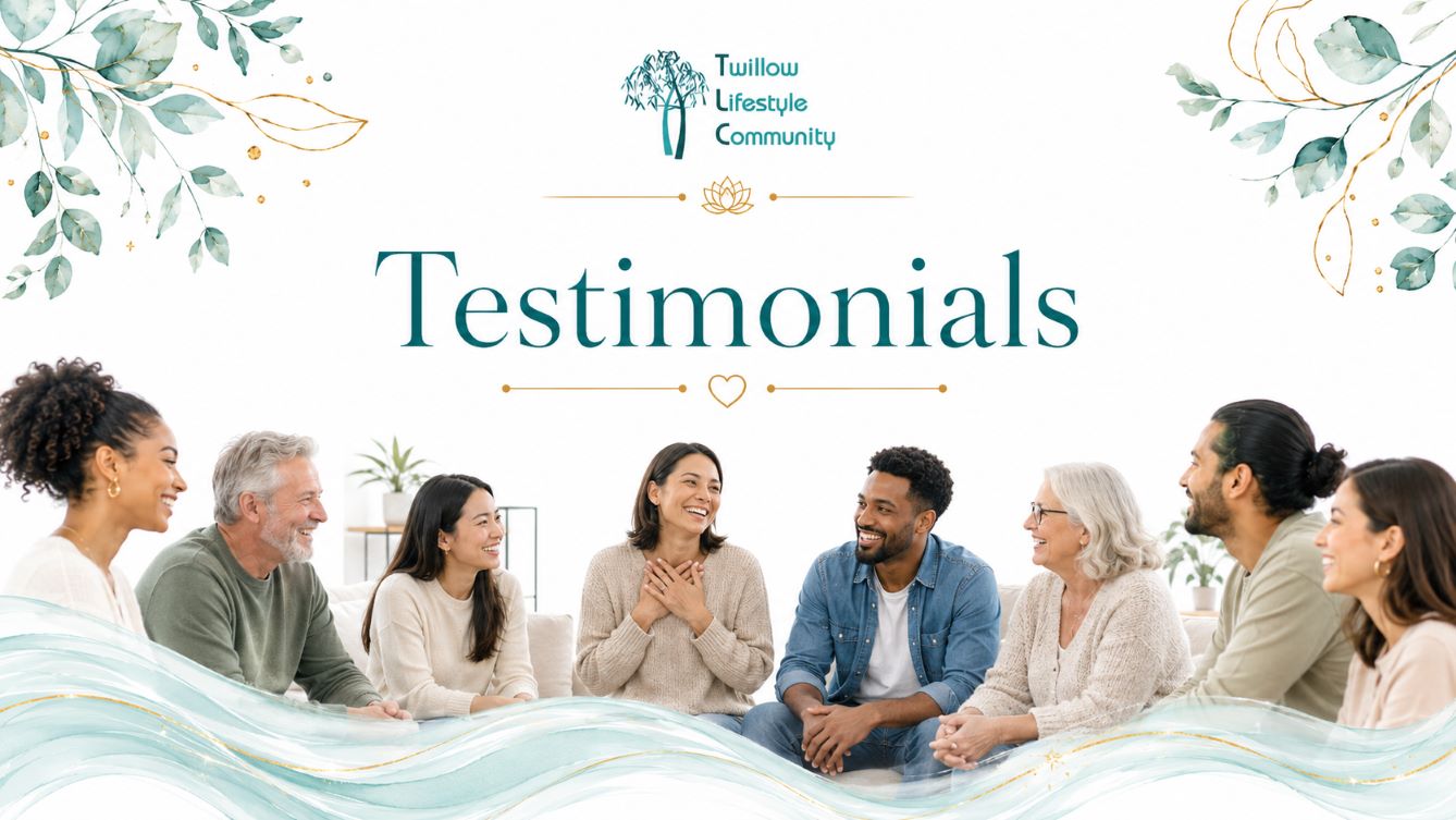 Testimonials page cover image for Twillow Lifestyle Community featuring a diverse group of people gathered in a warm, supportive setting with teal and gold accents.