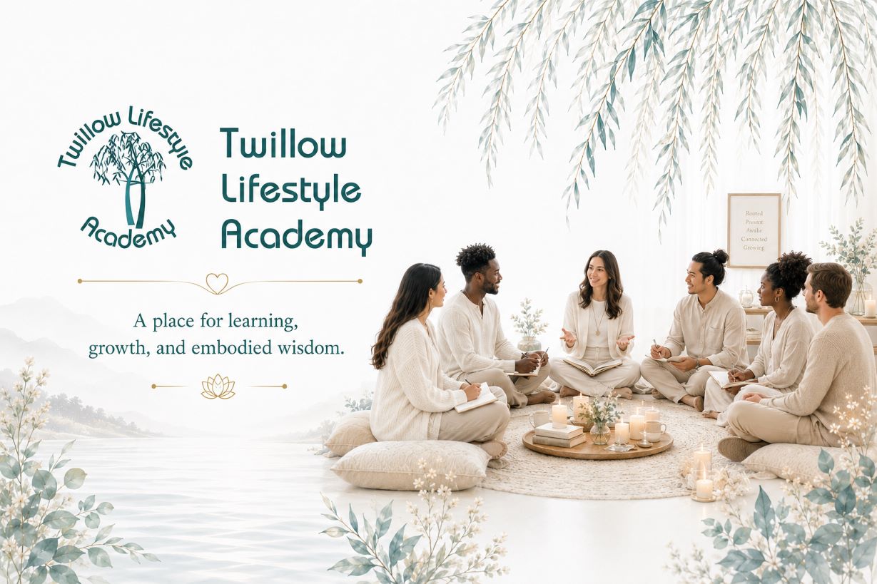 Twillow Lifestyle Academy cover image with diverse students gathered in a calm learning circle, white background, teal botanicals, gold accents, and the Academy logo.
