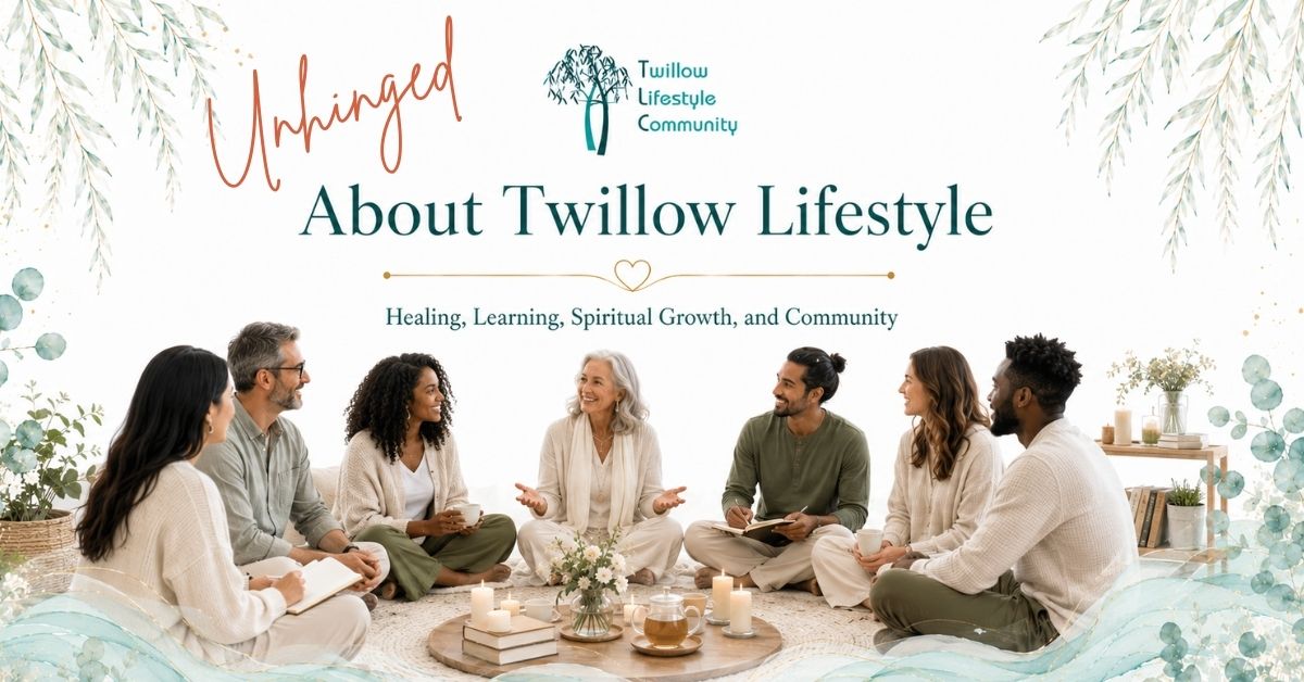 About Twillow Lifestyle Unhinged cover image with a diverse group gathered in a supportive healing and spiritual growth circle.