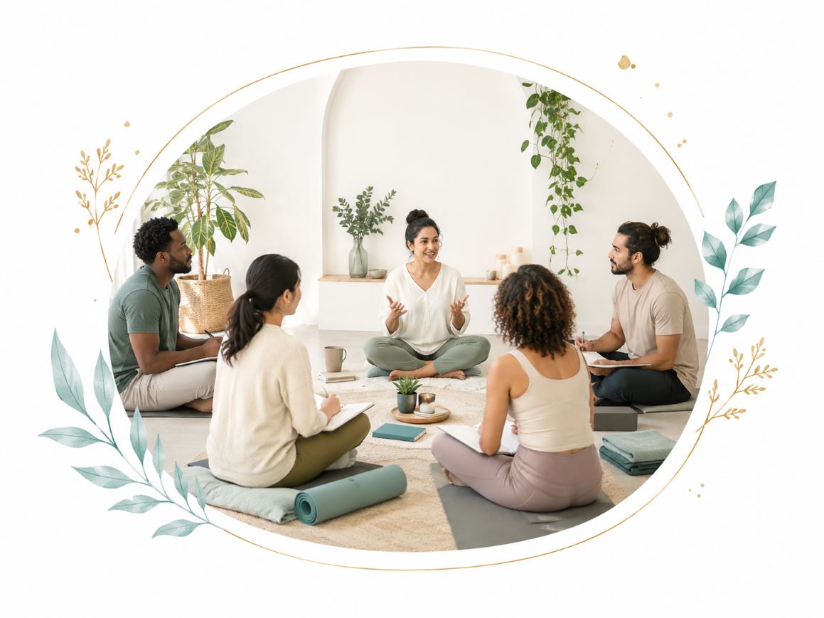 Workshops card image for Twillow Lifestyle Academy featuring a small group learning together in a calm white, teal, and gold setting.