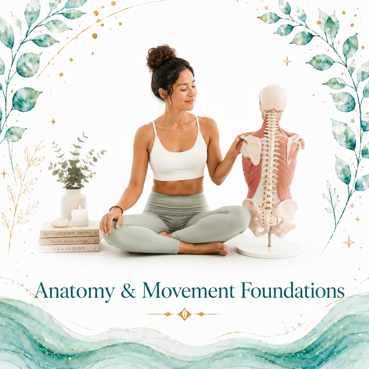 Anatomy and Movement Foundations image for Twillow Lifestyle Academy featuring a woman seated beside an anatomical spine model with yoga books, teal botanicals, gold accents, and a bright white background.