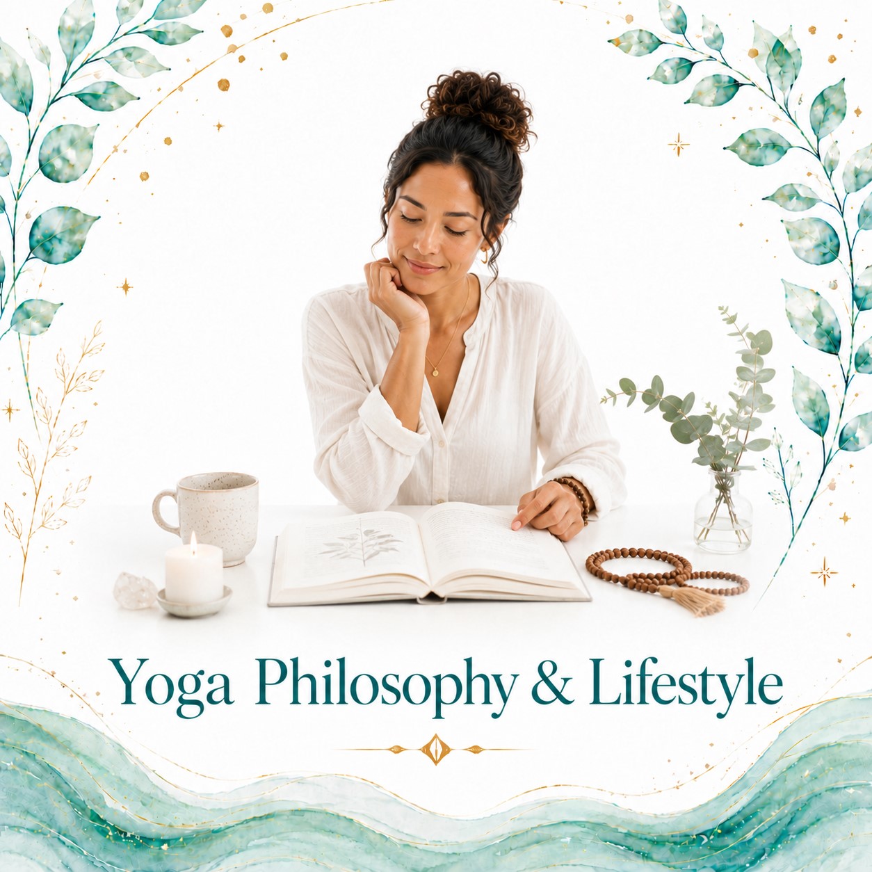 Yoga Philosophy and Lifestyle image for Twillow Lifestyle Academy featuring a woman reading a book with meditation beads, candle, tea, teal botanicals, gold accents, and a bright white background.