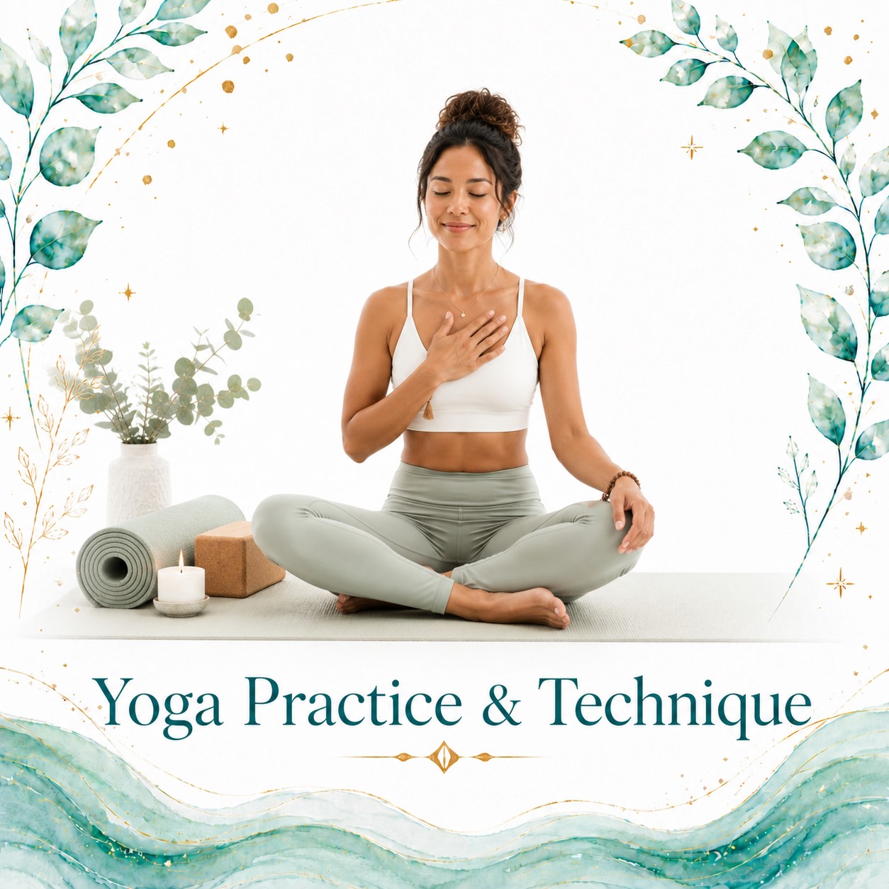 Yoga Practice and Technique image for Twillow Lifestyle Academy featuring a woman seated in yoga practice with candles, yoga props, teal botanicals, gold accents, and a bright white background.