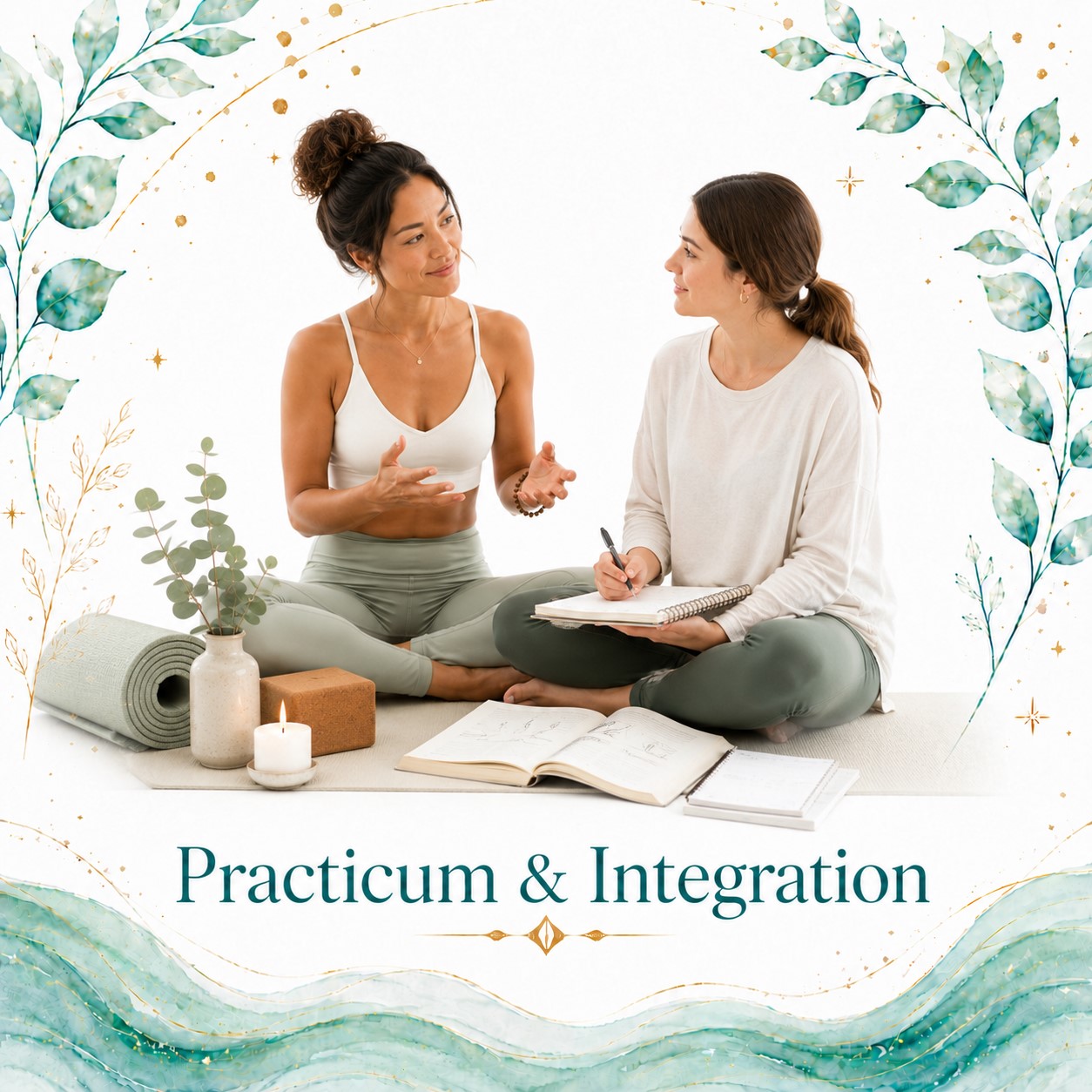 Practicum and Integration image for Twillow Lifestyle Academy featuring two women in a supportive yoga teaching conversation with journals, yoga props, teal botanicals, gold accents, and a bright white background.