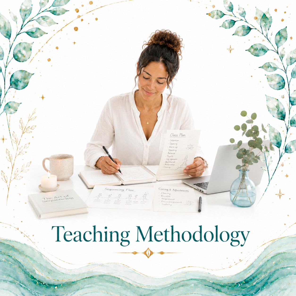 Teaching Methodology image for Twillow Lifestyle Academy featuring a woman planning a yoga class with notes, laptop, tea, teal botanicals, gold accents, and a bright white background.