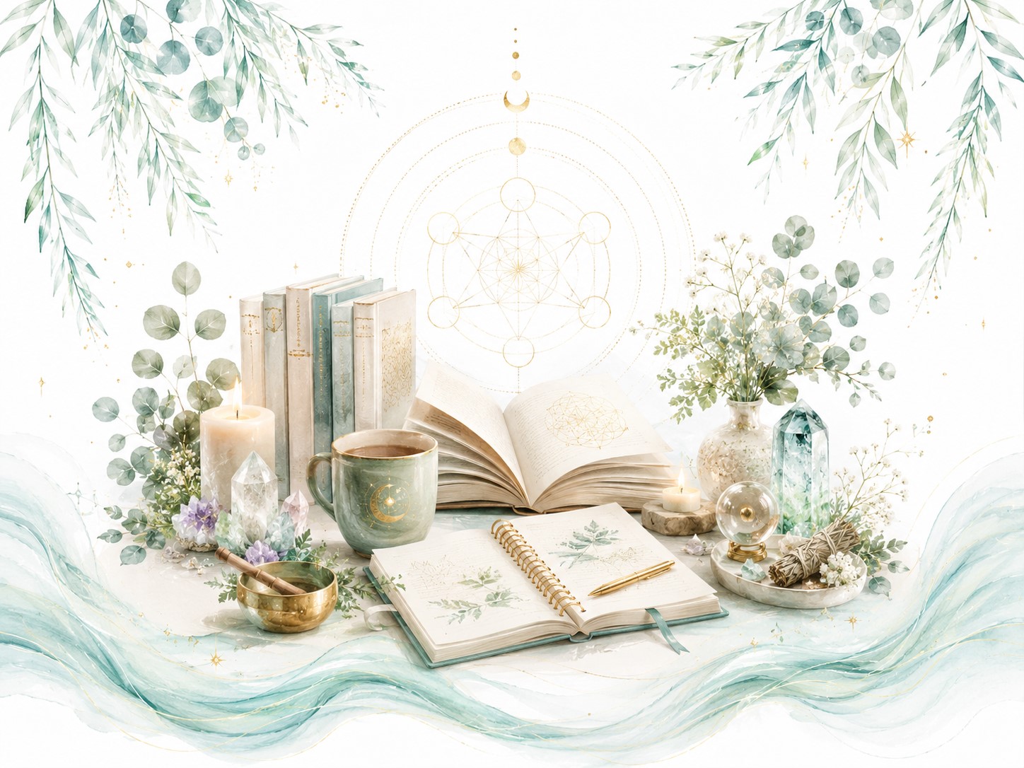 And More classes image for Twillow Lifestyle Academy featuring an open book, candle, cup, crystals, teal botanical accents, gold details, and a bright white background.