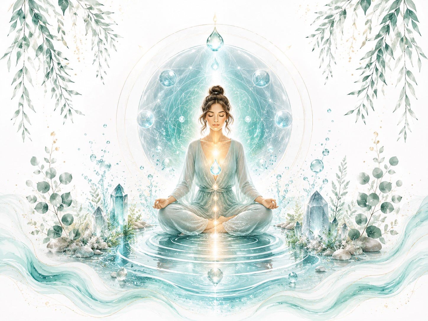 Aqualead Training image for Twillow Lifestyle Academy featuring a meditating figure surrounded by water, crystals, teal waves, botanical accents, and a peaceful white background.
