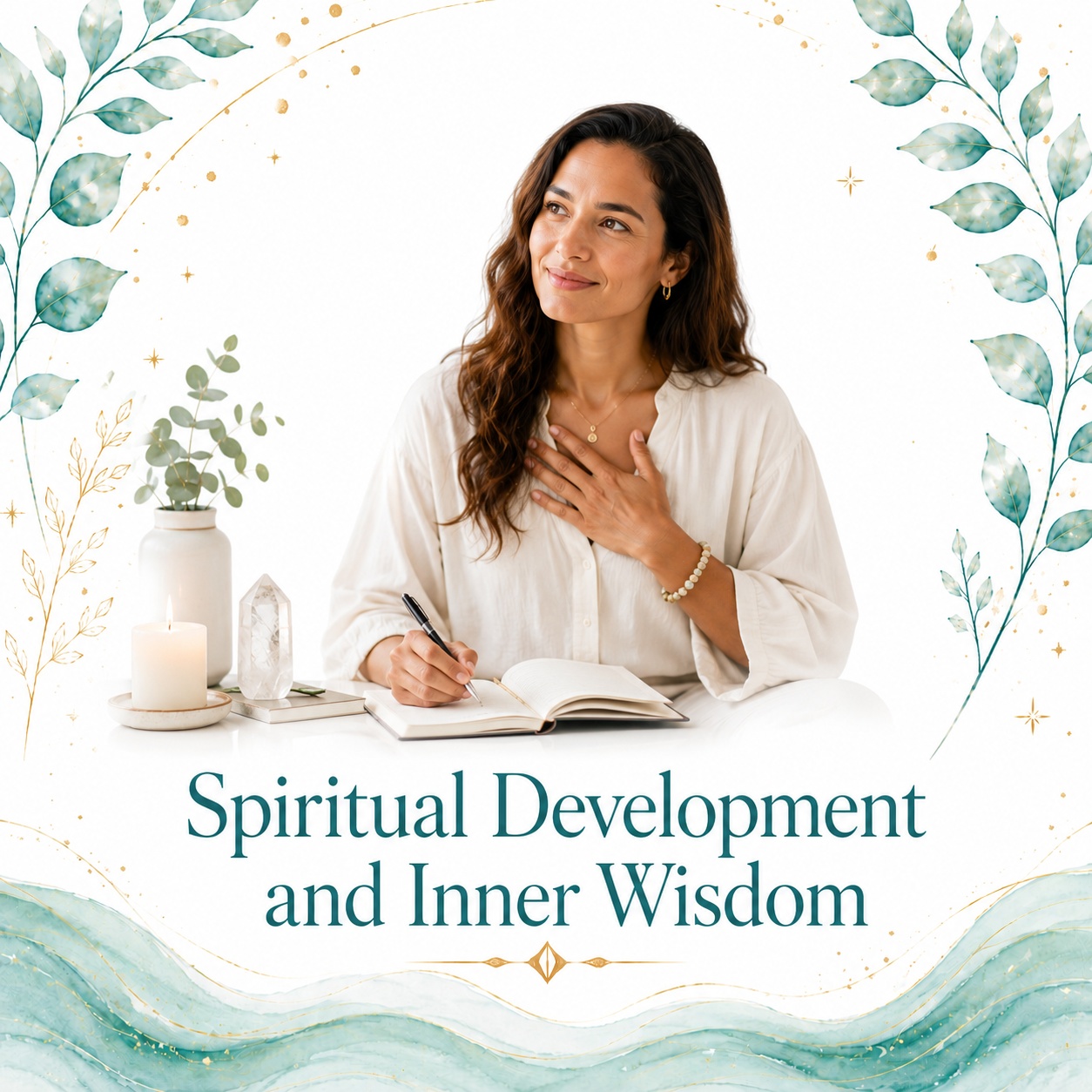 Spiritual Development and Inner Wisdom image for Twillow Lifestyle Academy featuring a woman journaling in a calm spiritual setting with candles, crystals, teal botanicals, gold accents, and a bright white background.