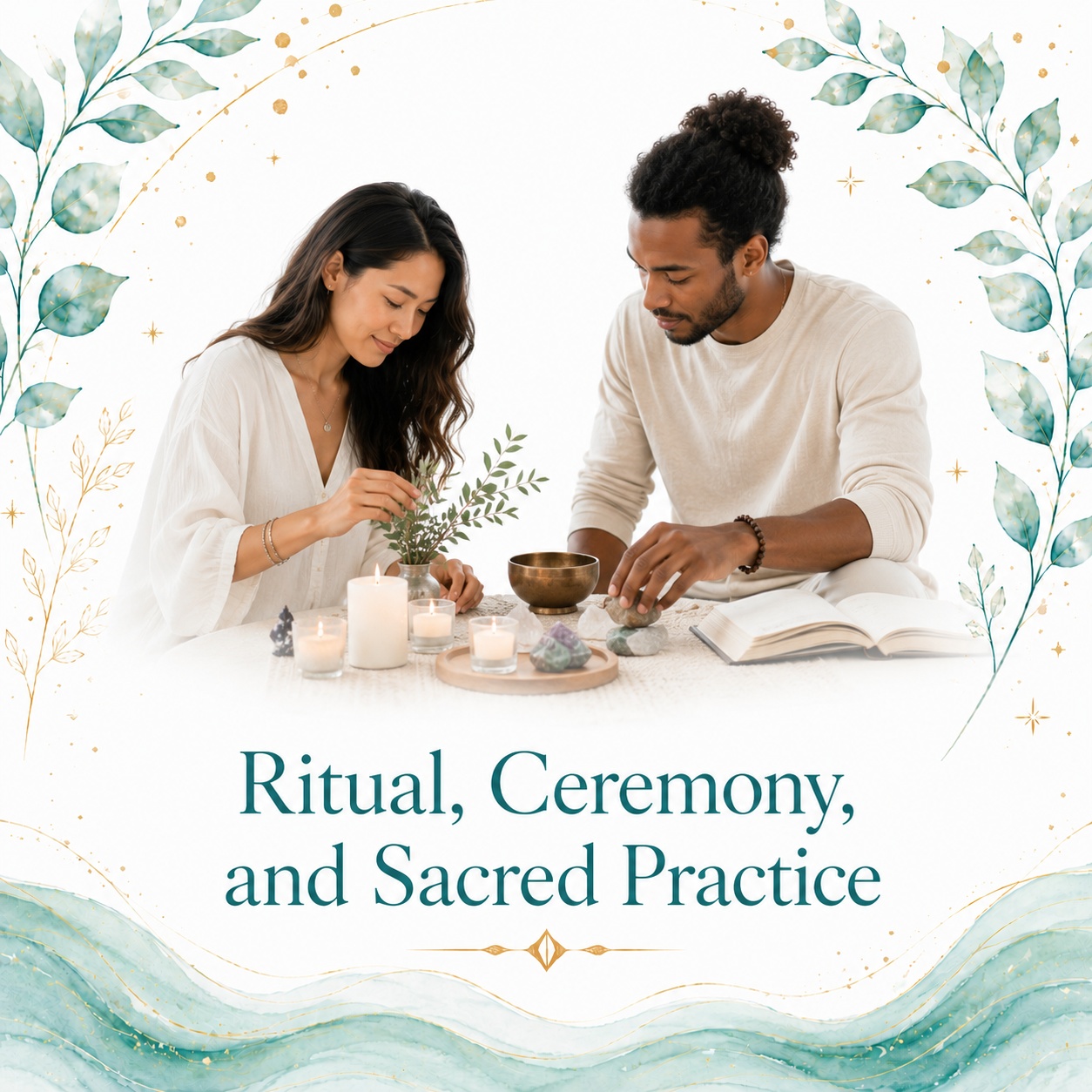 Ritual, Ceremony, and Sacred Practice image for Twillow Lifestyle Academy featuring two people preparing a ceremonial altar with candles, herbs, a singing bowl, teal botanicals, gold accents, and a bright white background.