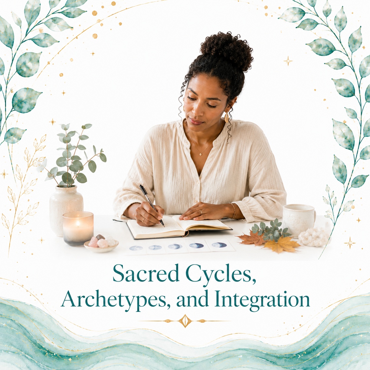 Sacred Cycles, Archetypes, and Integration image for Twillow Lifestyle Academy featuring a person journaling with seasonal leaves, books, crystals, teal botanicals, gold accents, and a bright white background.