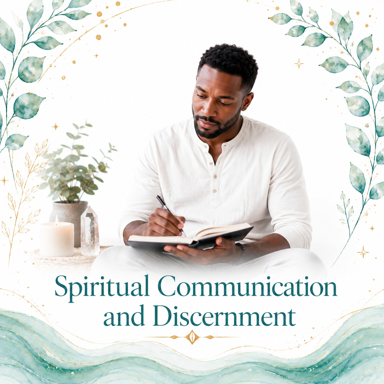 Spiritual Communication and Discernment image for Twillow Lifestyle Academy featuring a person journaling in a calm spiritual study space with candles, crystals, teal botanicals, gold accents, and a bright white background.