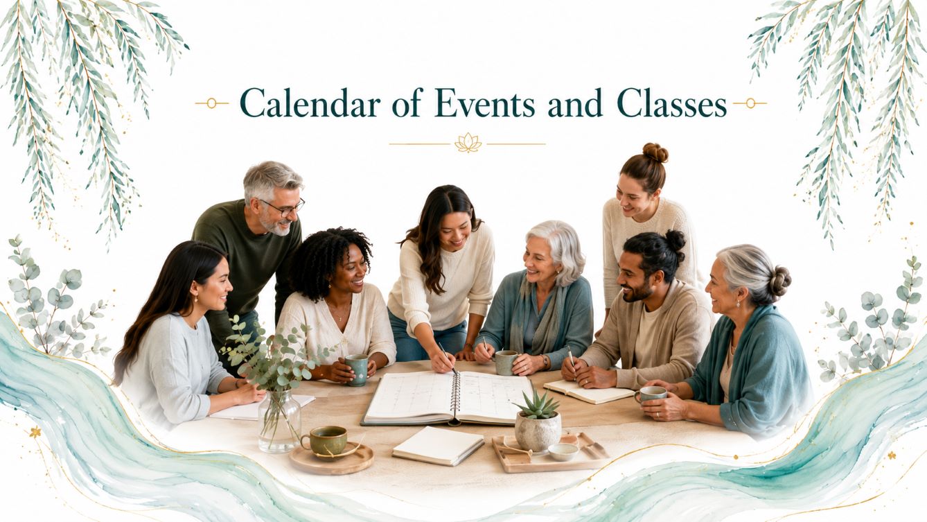 Calendar of Events and Classes image for Twillow Lifestyle Community and Twillow Lifestyle Academy featuring a diverse group gathered around a calendar with teal botanicals, gold accents, and a bright white background.