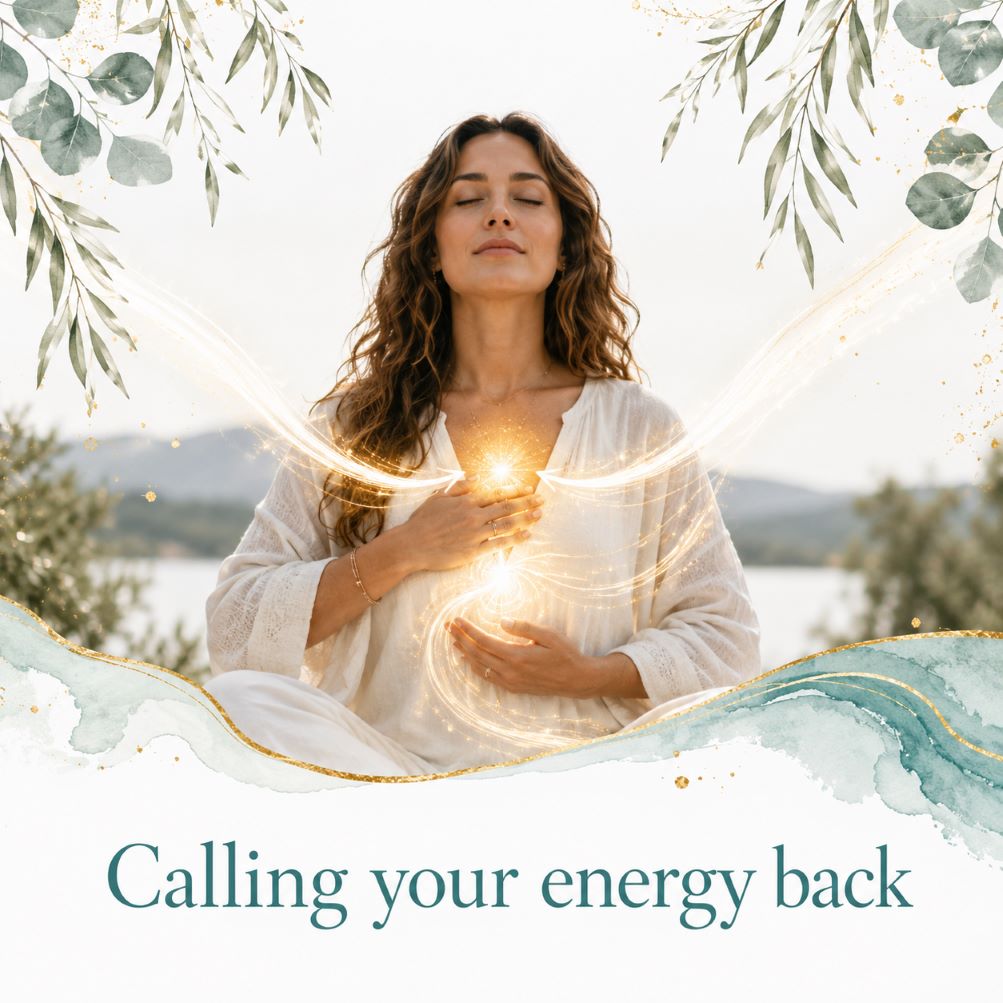 Calling your energy back image for Twillow Lifestyle Community featuring a peaceful person surrounded by glowing light with teal botanicals, gold accents, and a bright white background.