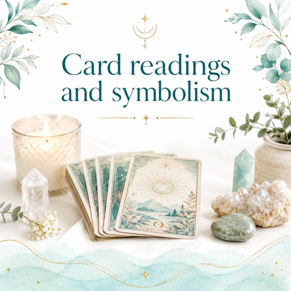 Card readings and symbolism image for Twillow Lifestyle Community featuring oracle-style cards, journal, candles, crystals, teal botanicals, gold accents, and a bright white background.