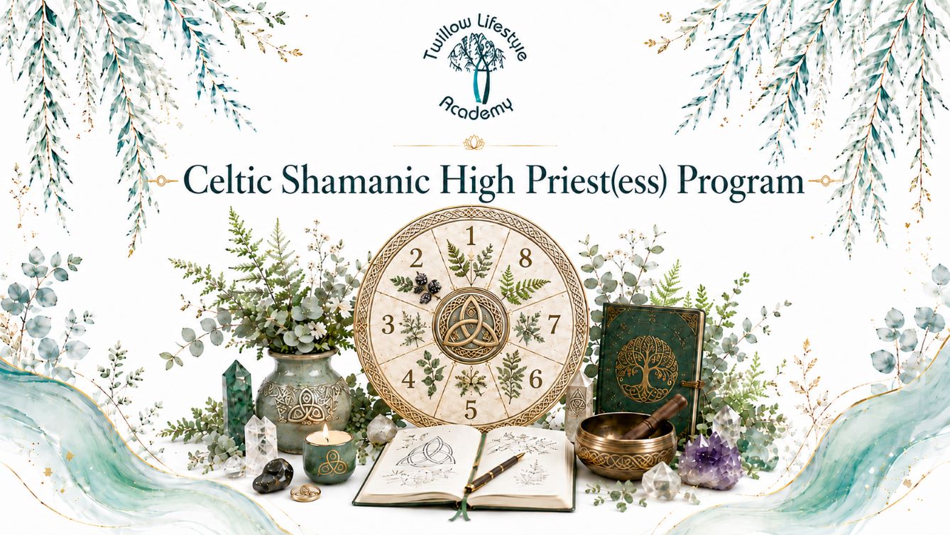 Celtic Shamanic High Priestess Program cover image for Twillow Lifestyle Academy featuring Celtic symbolism, herbs, crystals, a singing bowl, journal, teal botanicals, gold accents, and a bright white background.
