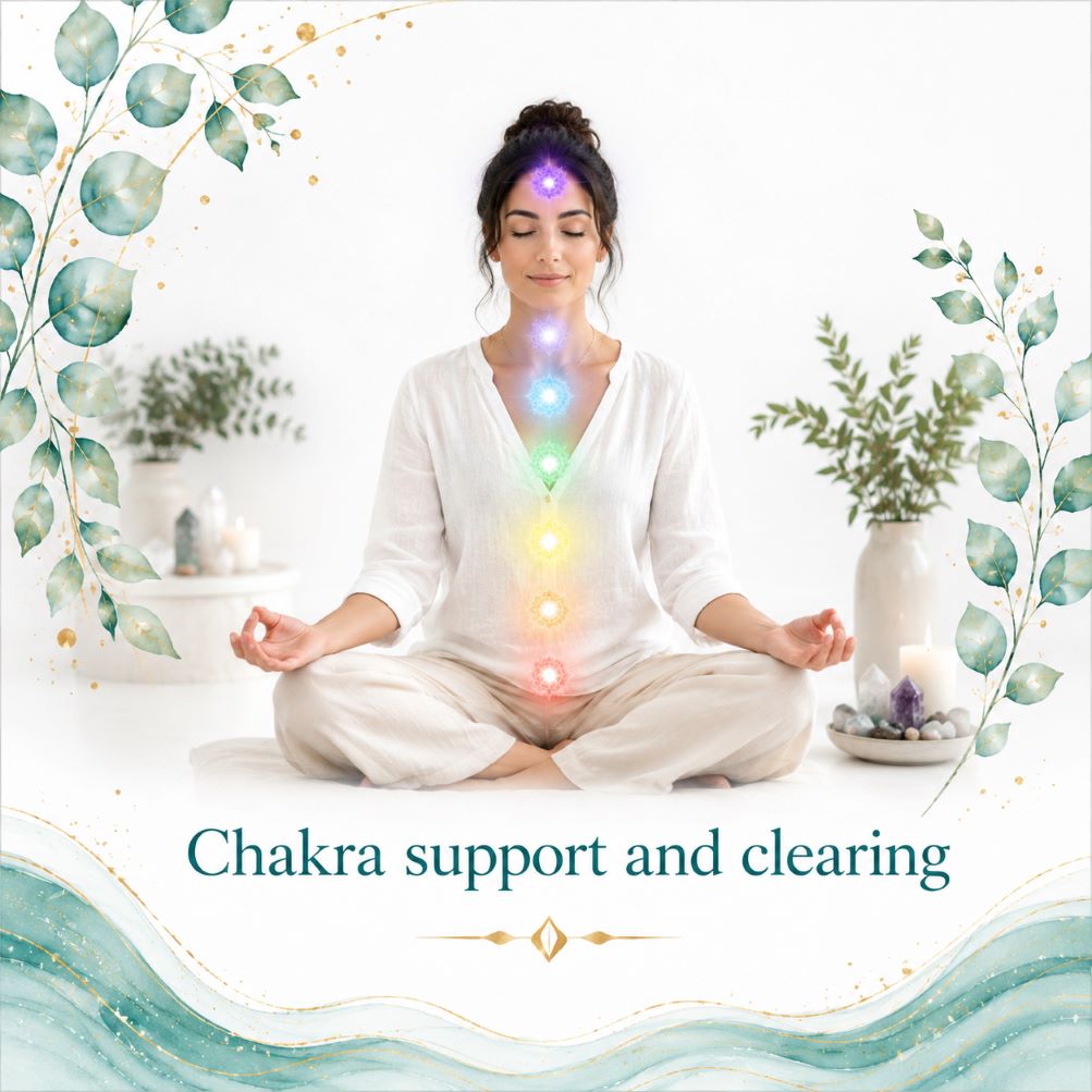 Chakra support and clearing image for Twillow Lifestyle Community featuring a meditating person with glowing chakra centres, teal botanicals, gold accents, and a bright white background.